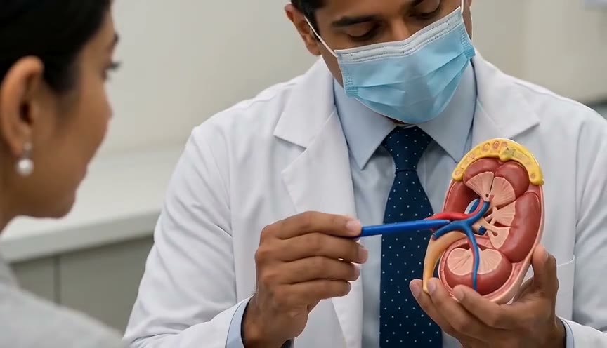 Clinician holding a kidney model during a consultation